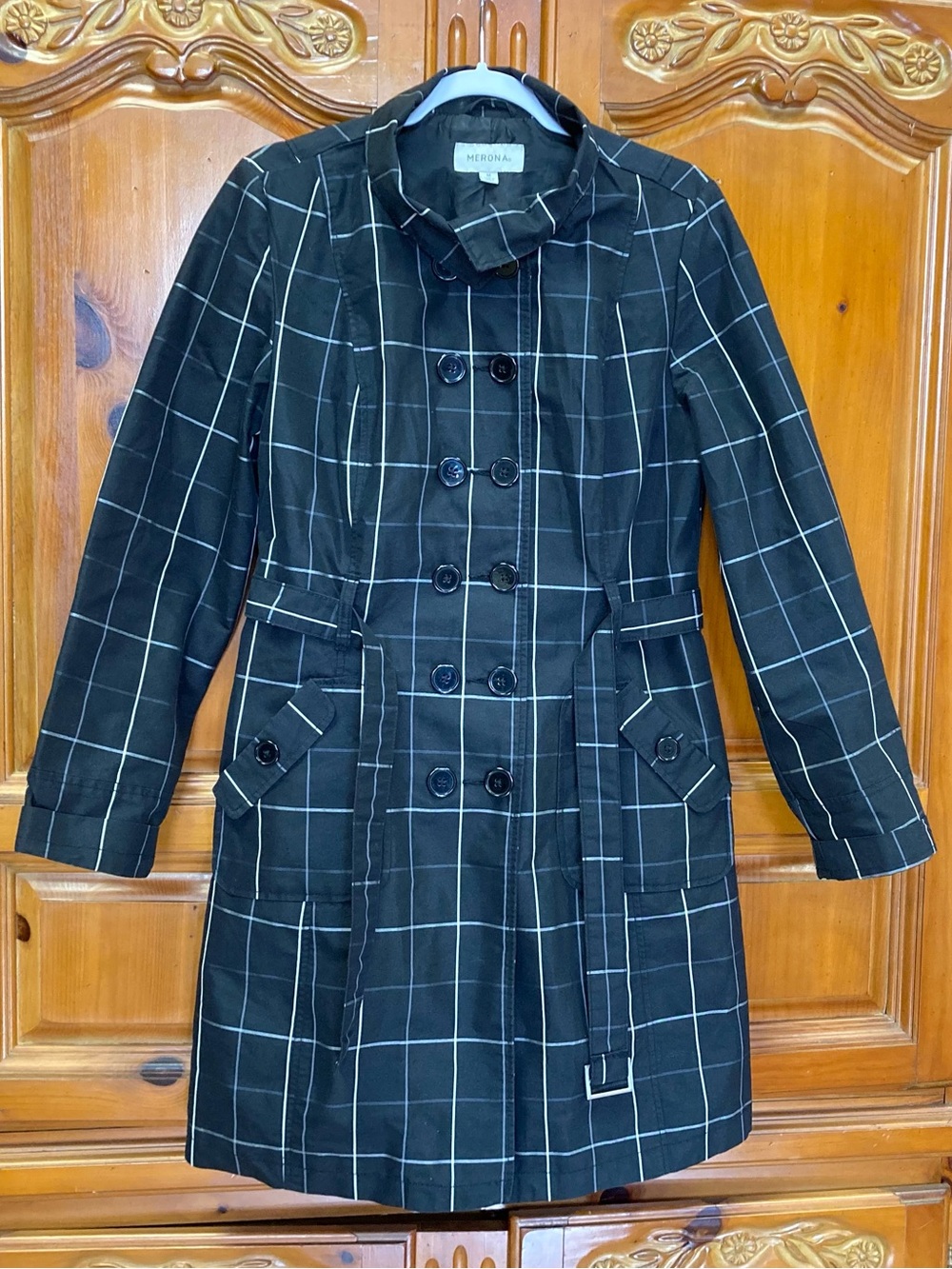 Merona Black Windowpane Plaid Belted Trench Coat Women’s Medium
